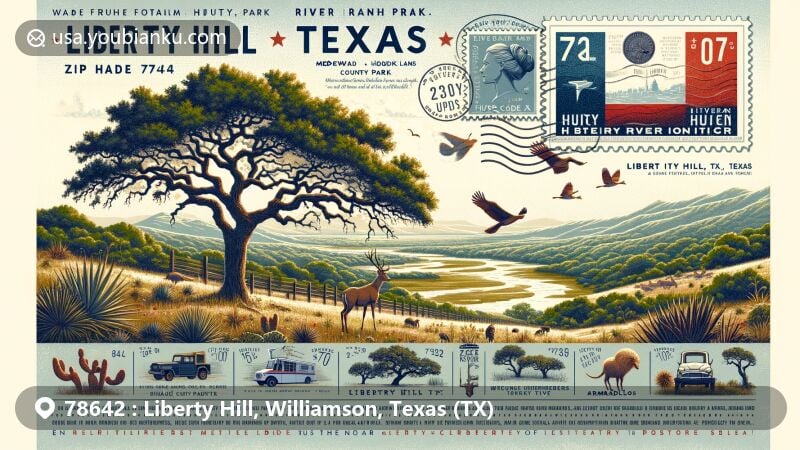 Modern illustration of Liberty Hill, Texas, ZIP code 78642, highlighting River Ranch County Park's natural beauty with meadows, woodlands, hills, San Gabriel River, ancient live oaks, deer, armadillos, and humid subtropical climate.