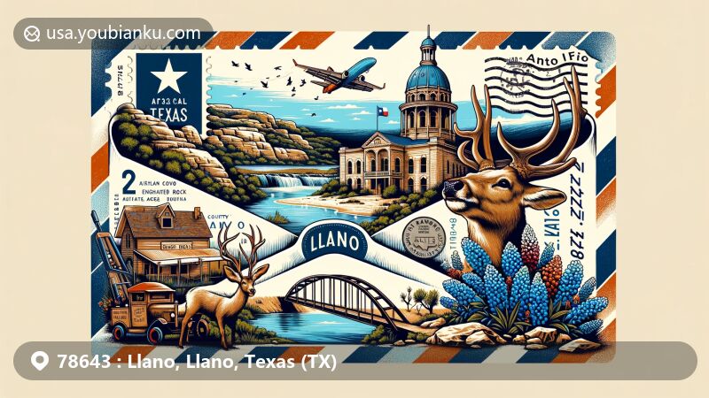 Modern illustration of Llano, Texas, showcasing key landmarks and cultural elements, including the Llano County Courthouse, Enchanted Rock State Natural Area, and the Roy Inks Bridge. Depicts deer, granite, Texas flag, bluebonnets, and a postal stamp with ZIP code 78643.