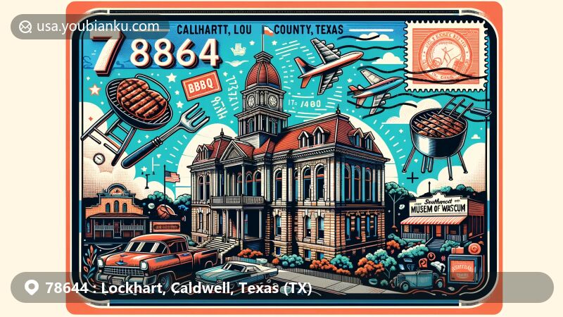 Modern illustration of Lockhart, Caldwell County, Texas, highlighting historic Caldwell County Courthouse, famed BBQ elements, and Southwest Museum of Clocks and Watches, with vintage postcard details like 'Lockhart, TX 78644' postmark.