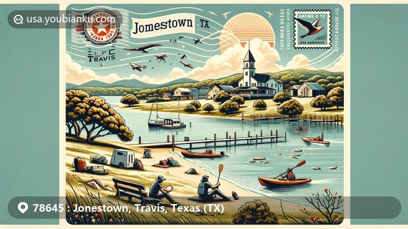 Vintage-style illustration of Jonestown, Texas, with Lake Travis and Jones Brothers Park, featuring hiking, kayaking, and fishing activities, set in the sunny Texas Hill Country and showcasing postal theme with ZIP code 78645.