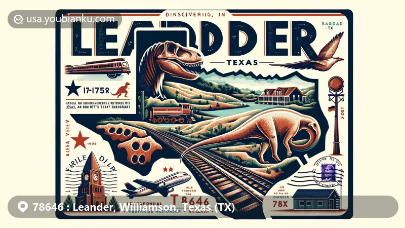 Modern illustration of Leander, Williamson County, Texas, showcasing natural beauty, historical elements, and postal features with ZIP code 78646, representing Leanderthal Lady, dinosaur tracks, and railway imagery.