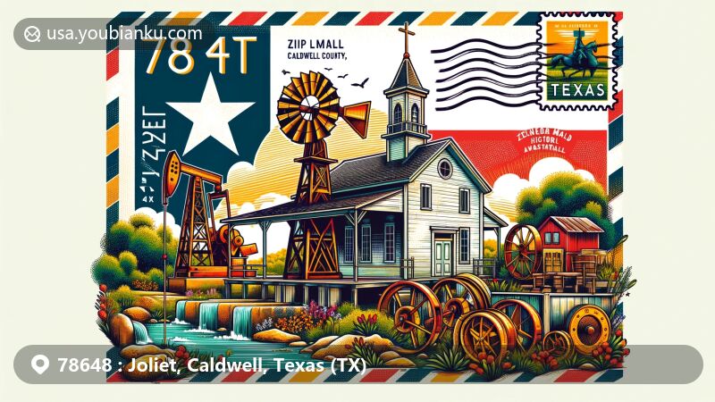 Modern illustration of Joliet, Caldwell County, Texas, showcasing postal theme with ZIP code 78648, featuring Zedler Mill Historic District in Luling, pump jacks, church, and Texas state symbols.