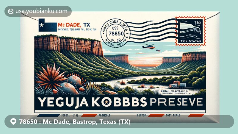 Modern illustration of Mc Dade, Bastrop County, TX, featuring Yegua Knobbs Preserve's unique sandstone mesas and Texas landscape, highlighting postal theme with airmail envelope and ZIP code 78650.