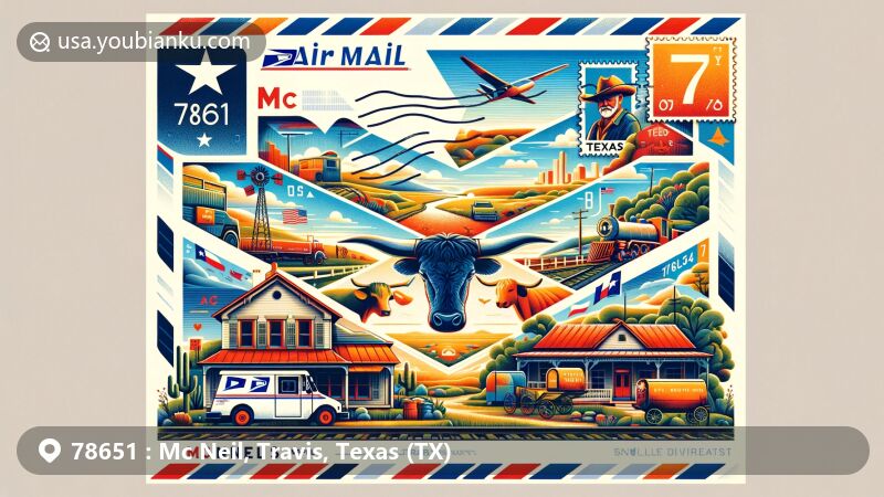 Creative illustration capturing Mc Neil, Travis County, Texas with ZIP code 78651, blending postal theme with local landmarks like post office, Texas longhorn cattle, and railroads.