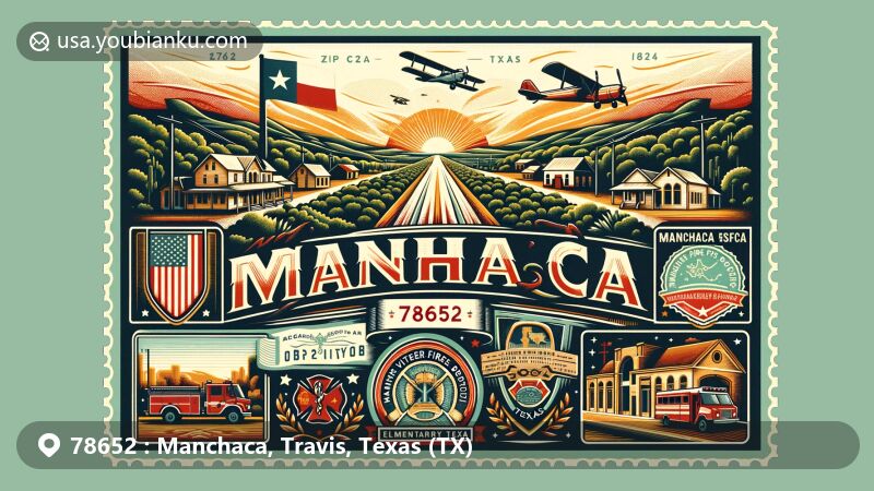 Modern illustration of the zip code 78652 in Manchaca, Travis County, Texas, featuring the Volunteer Fire Department, roads like Farm-to-Market Road 1626 and 2304, Menchaca Elementary School, natural beauty, historic springs, and a vintage air mail envelope design with postal elements.