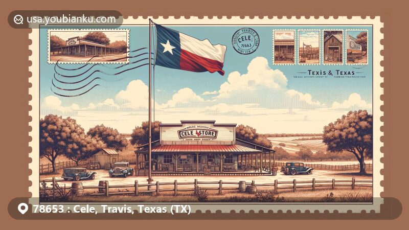 Modern illustration of Cele Store, Cele, Travis County, Texas, a historic barbecue restaurant embodying the charm and history of the small community, with Texas flag in the background.