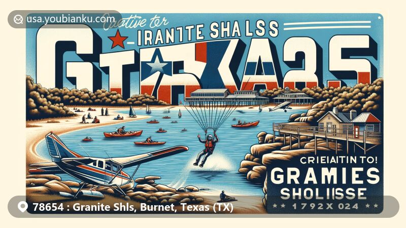 Modern illustration of Granite Shoals, Texas, featuring Lake Lyndon B. Johnson, kayaking, nature trails, FlyTexas skydiving, and vintage postcard theme with ZIP code 78654, Texas state flag included.