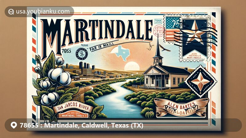 Modern illustration of Martindale, Texas, featuring historic Martindale Schoolhouse and Allen Bates River Park on an air mail envelope backdrop, with San Marcos River symbolizing natural beauty.