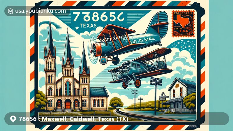 Creative illustration of Maxwell, Texas, blending geographical and cultural elements with a vintage air mail envelope, showcasing ZIP code 78656 and iconic landmarks like Ebenezer Lutheran Church and Missouri, Kansas, and Texas railroad.