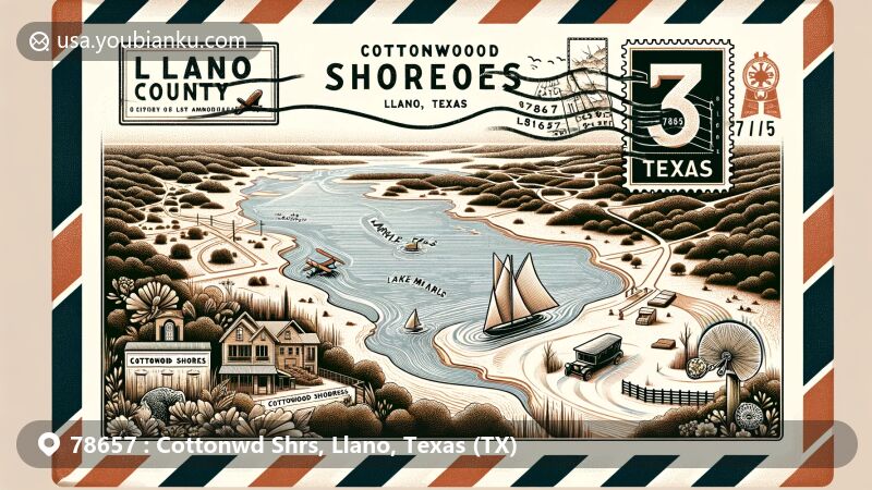 Modern illustration of Cottonwood Shores, Llano County, Texas, showcasing natural beauty and historical culture with airmail envelope theme, featuring Lake Marble Falls, Lake LBJ, and Llano County Historical Museum.