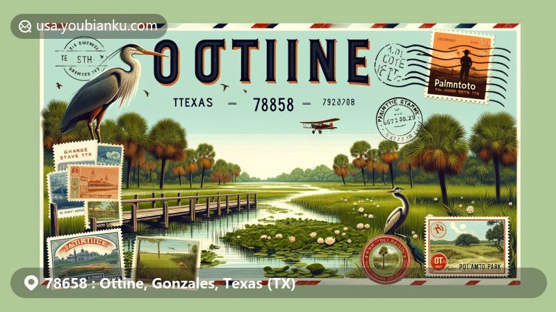 Modern illustration of Ottine, Gonzales County, Texas, showing ZIP code 78658 and the scenic Palmetto State Park, featuring airmail envelope, postage stamps, and postmark with local motifs.