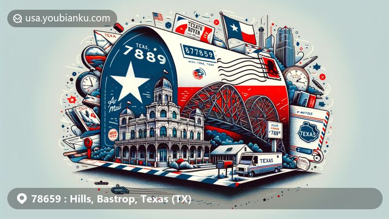 Modern illustration of Bastrop, Texas, showcasing postal theme with 1889 Bastrop Opera House and Colorado River Bridge, surrounded by Texas symbols.