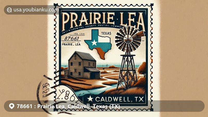 Modern illustration of Prairie Lea, Texas, showcasing postal theme with ZIP code 78661, featuring vintage airmail envelope and Caldwell County's oldest community by San Marcos River.