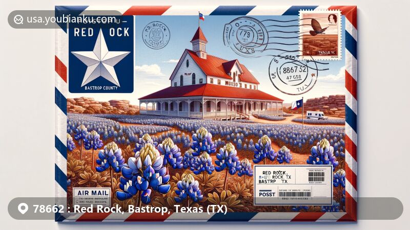 Modern illustration of Red Rock, Bastrop, Texas, showcasing postal theme with ZIP code 78662, featuring Rockne Museum, New Red Rock Cemetery, and Texas flag, surrounded by blooming bluebonnets.