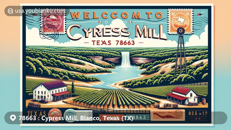 Modern illustration of Cypress Mill, Texas 78663, featuring McReynolds Winery vineyard, Hamilton Pool waterfall, and Texas Hill Country scenery, captured in a postcard style with vibrant colors and postal theme.