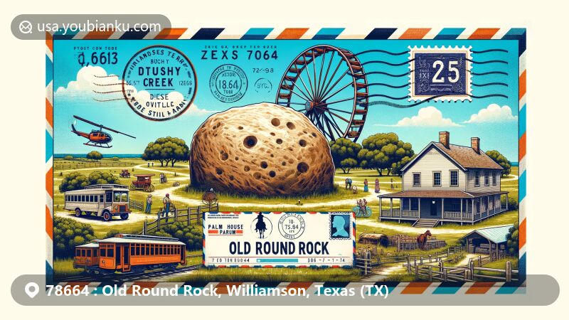 Modern illustration of Old Round Rock, Texas, portraying iconic Round Rock in Brushy Creek with wagon wheel ruts, emphasizing Chisholm Trail history. Includes Old Settlers Park, Palm House Museum, and Williamson Museum, framed in a postcard design with postal elements.