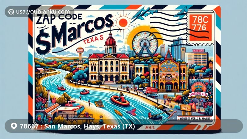 Creative depiction of ZIP code 78667 for San Marcos, Texas, merging postal theme with regional elements, including San Marcos River, Hays County Historic Courthouse, Kissing Alley, and Wonder World Cave & Adventure Park.