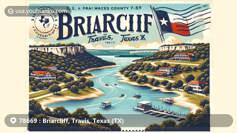 Modern illustration of Briarcliff, Texas, showcasing scenic Lake Travis and outdoor activities like boating and fishing, integrating iconic elements of Travis County such as the Balcones Fault line. Embraces postal theme with vintage postcard border, Texas state flag stamp, and '78669' ZIP code.