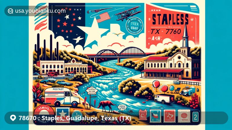 Creative illustration of Staples, Guadalupe County, Texas, highlighting San Marcos River, Texas state flag, and postal elements with ZIP code 78670.