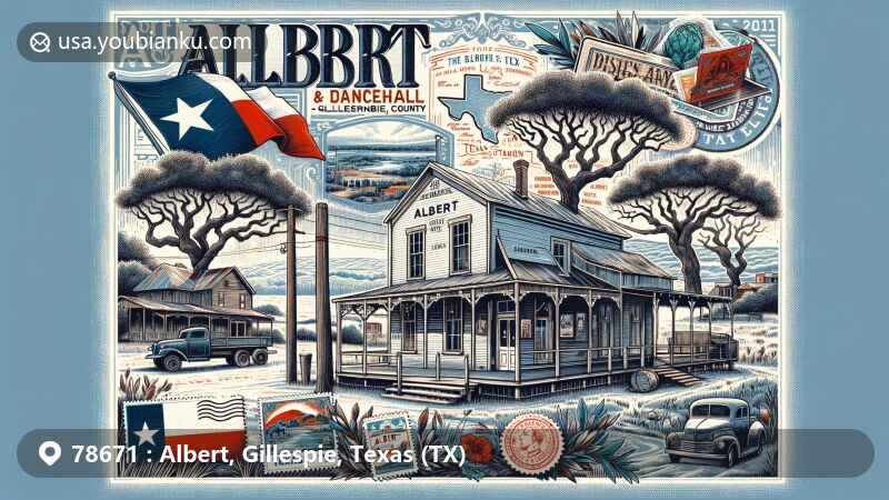 Modern illustration of Albert, Texas, showcasing ghost town charm and postal theme with vintage elements, Texas Hill Country landscape, and Albert Icehouse & Dancehall.