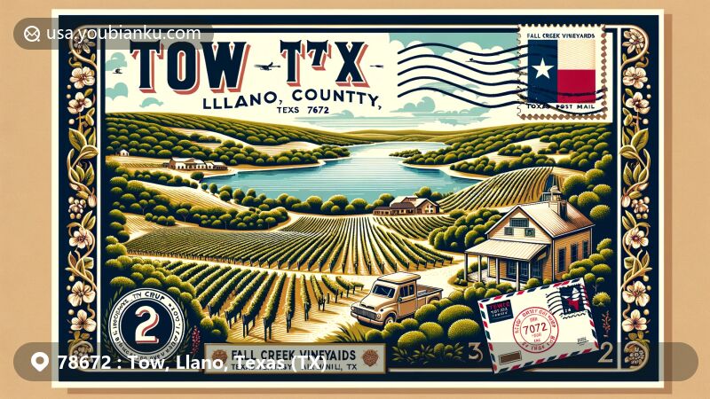 Modern illustration of Tow, Llano County, Texas, highlighting Fall Creek Vineyards and Lake Buchanan with Texas Hill Country landscape elements and postal theme for ZIP code 78672.