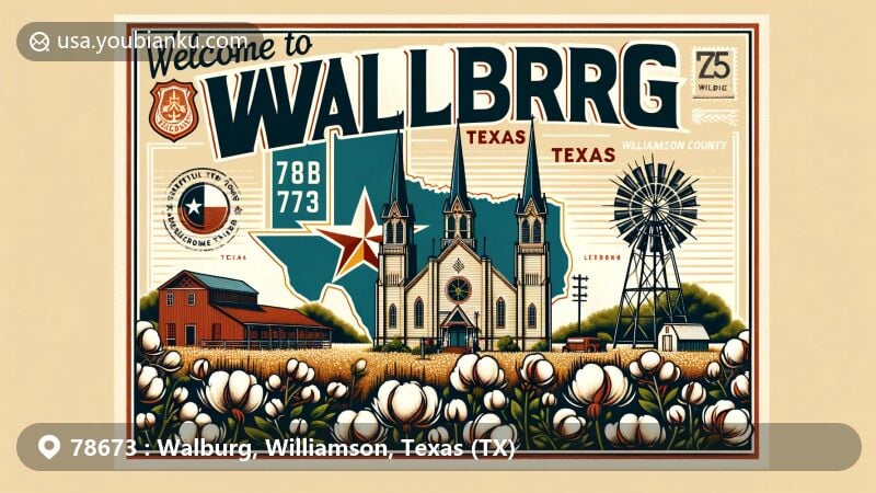 Modern illustration of Walburg, Texas, Williamson County, displaying vintage postcard theme with ZIP code 78673, featuring Zion Lutheran Church, Texas wildflowers, German-Wendish heritage, and cotton motifs.