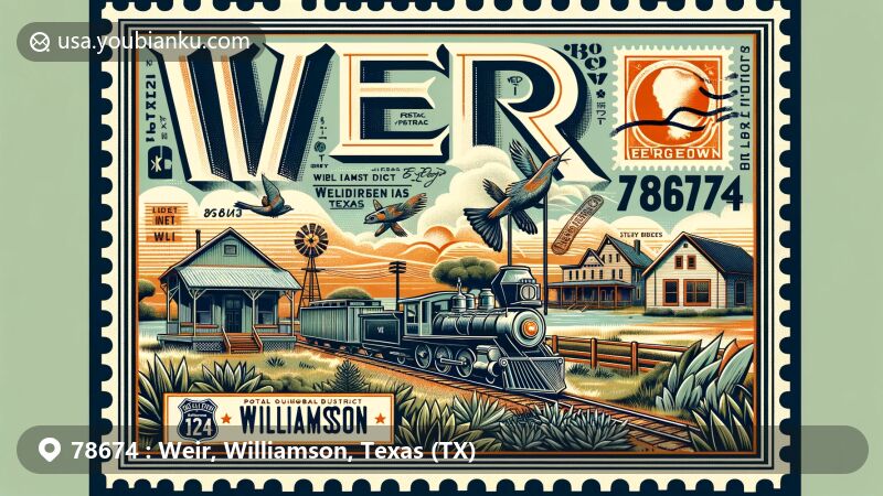 Modern illustration of Weir, Williamson County, Texas, showcasing rural landscape and historical roots with ties to Georgetown Independent School District, early settlers, and railroad impact.