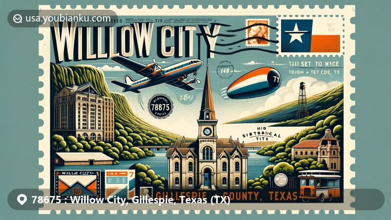 Modern illustration of Willow City, Gillespie County, Texas, representing ZIP code 78675, showcasing lush greenery and potential historic landmarks, creatively adorned with postal elements such as stamps, envelopes, and postmarks.