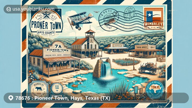 Modern illustration of Pioneer Town in Hays County, Texas, highlighting 78676 ZIP code area. Featuring landmarks like Jacob's Well, Blue Hole Regional Park, Pioneer Town at 7A Ranch with Opera House, Cowboy Museum, Ice Cream Parlor. Includes vintage postal theme with air mail envelope, Texas state flag postage stamp, and ZIP code 78676 postmark.