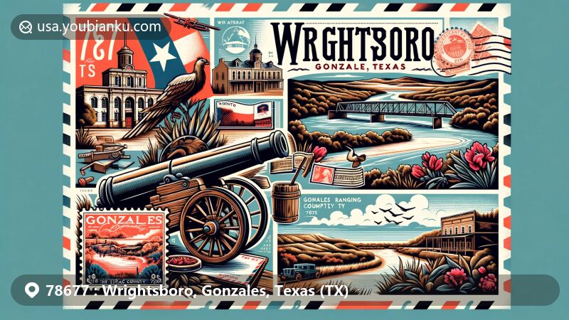 Modern illustration of Wrightsboro, Gonzales, Texas, showcasing postal theme with ZIP code 78677, featuring regional history and the Come and Take It cannon symbol, Gonzales Ranging Company at the Alamo, and lush landscape along the Guadalupe River.