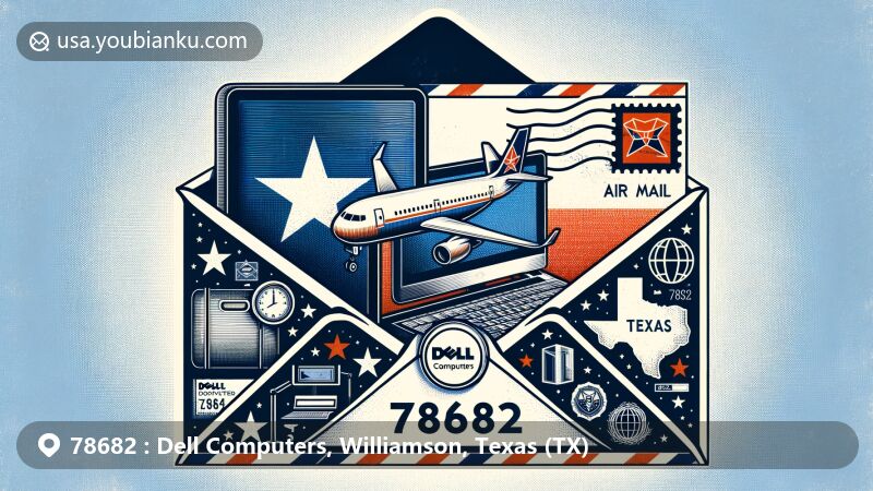 Modern illustration featuring Texas state flag, Williamson County outline, Dell Computers symbols, air mail envelope design, postage stamp, postmark, and ZIP Code 78682.