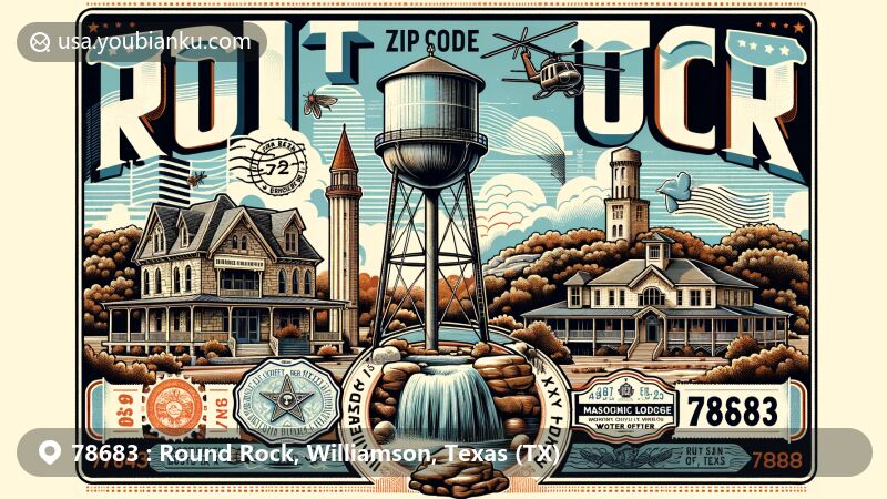 Modern illustration of Round Rock, Texas, showcasing postal theme with ZIP code 78683, featuring iconic landmarks like Round Rock, Nelson-Crier House, Koughan Memorial Water Tower, and Masonic Lodge/Old Post Office Building.