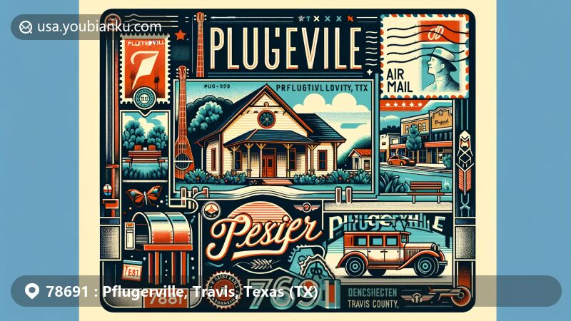 Modern illustration of Pflugerville, Travis County, Texas, showcasing postal theme with ZIP code 78691, featuring Pfluger Park and annual community events, blending vintage postcard and air mail envelope aesthetics with German-inspired design elements.