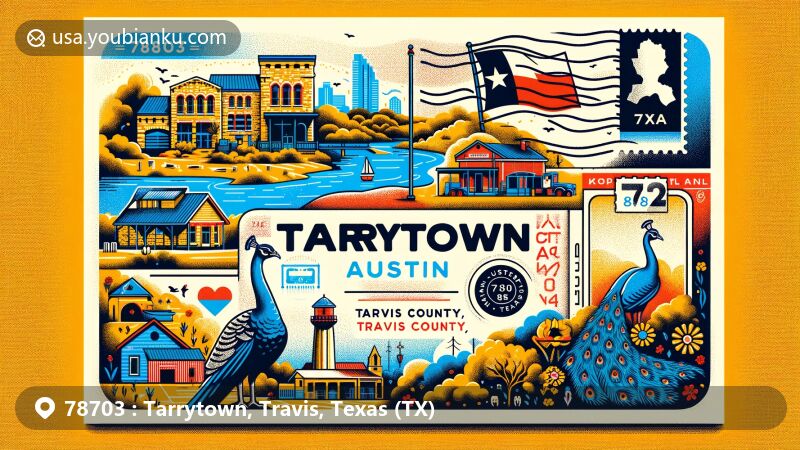 Modern illustration of Tarrytown in Travis County, Texas, depicting Texas state flag, Travis County outline, and local landmarks like Taylor Lime Kiln, Lake Austin, Mayfield Park peacocks, Laguna Gloria sculptures, and Deep Eddy Pool.