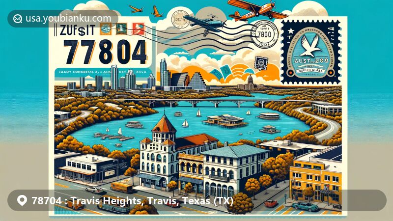 Modern illustration of Travis Heights neighborhood in Austin, Texas, featuring Spanish Colonial Revival and Cape Cod Revival homes, Lady Bird Lake with waterfront promenade, SoCo shopping district, and Austin skyline, with a postal theme including postcard elements and ZIP code 78704.