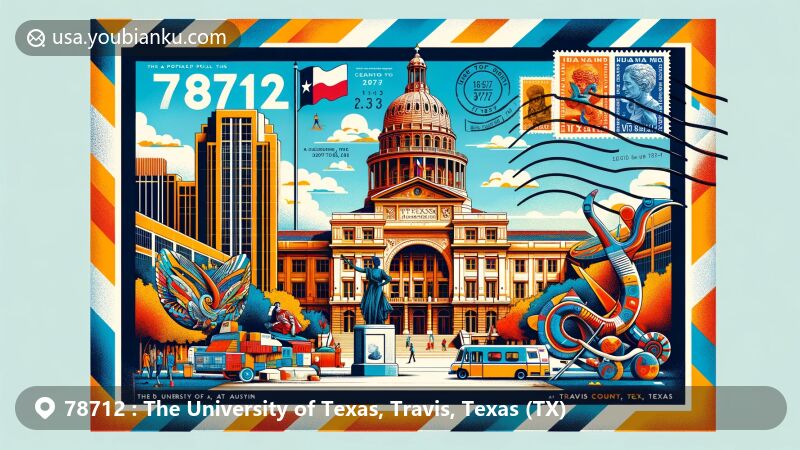Modern illustration of The University of Texas at Austin area in ZIP code 78712, Travis County, Texas, featuring vibrant postcard with iconic university symbols, public art installations, Blanton Museum of Art, Texas state flag stamps, postal mark, and mailbox. Reflects cultural and educational atmosphere of the university area.