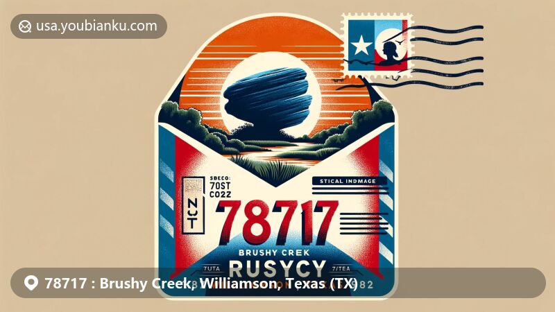 Modern illustration of Brushy Creek, Williamson County, Texas, showcasing postal theme with ZIP code 78717, featuring Round Rock, Texas state flag, and Leanderthal Lady silhouette.