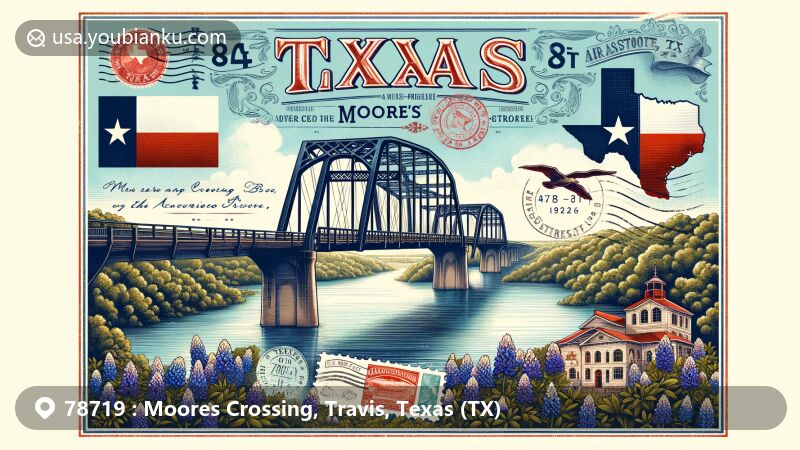 Modern illustration of Moores Crossing, Travis County, Texas, with iconic Moore's Crossing Bridge, featuring Texas state symbols and vintage postal theme, including ZIP code 78719.