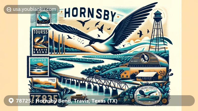 Modern illustration of Hornsby Bend, featuring postal theme with ZIP code 78725, showcasing Hornsby Bend Bird Observatory and the Colorado River.