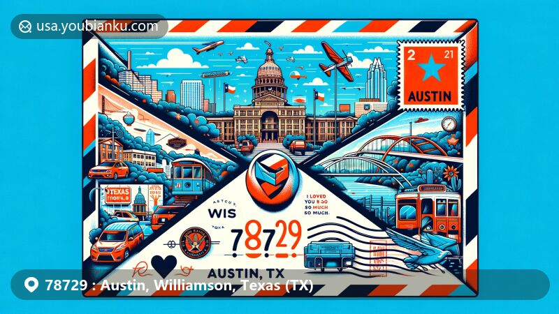 Modern illustration of Austin, Texas, showcasing postal theme with ZIP code 78729, featuring local landmarks like Texas State Capitol, Driskill Hotel, Zilker Park, Mount Bonnell, and Pennybacker Bridge.