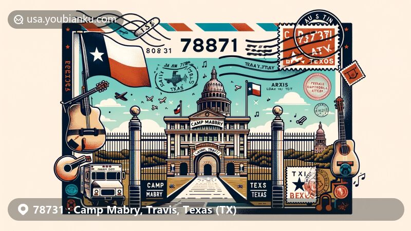 Creative illustration of Camp Mabry, Travis County, Texas, featuring iconic entrance sign and Texas State Capitol, with Texas flag and musical elements, showcasing unique military and cultural blend.
