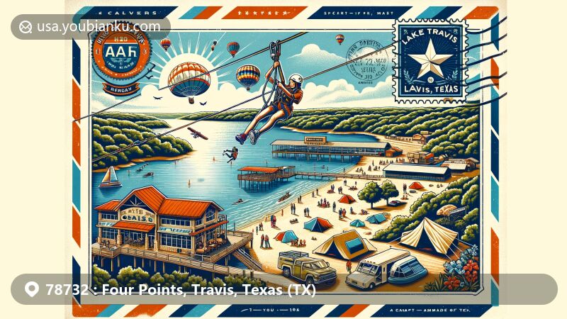 Modern illustration of Four Points, Travis, Texas area, showcasing postal theme with Oasis restaurant, Lake Travis, zipline adventure, Pace Bend Park, and Texas state symbols.