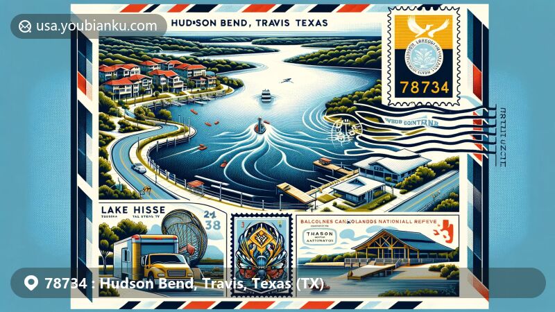 Modern illustration of Hudson Bend, Travis County, Texas, showcasing postal theme with ZIP code 78734, featuring Lake Travis, Bee Cave Sculpture Park, Windy Point Park, and Balcones Canyonlands National Wildlife Refuge.