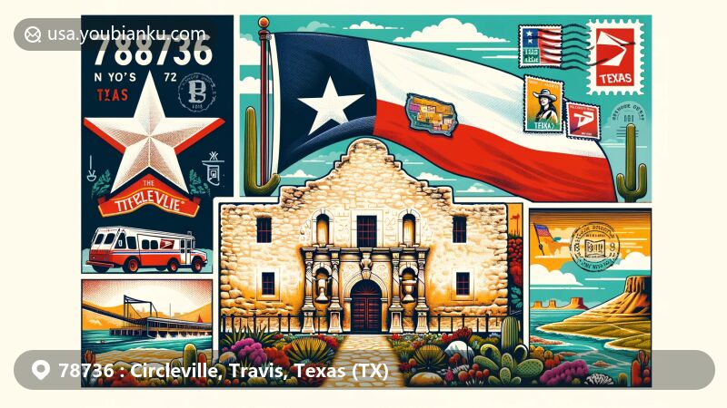 Modern illustration of Circleville, Travis County, Texas, showcasing ZIP code 78736 and iconic Texas symbols like the Alamo, Travis County shape, and Texas state flag. Incorporates elements of postal service with postcard design, stamps, postmark, and emphasized ZIP Code.