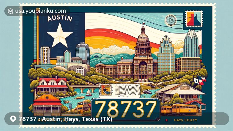 Modern illustration of ZIP Code 78737 in Austin, Texas, featuring Texas State Capitol, Driskill Hotel, and Zilker Park, combined with vintage postcard layout and postal elements, showcasing vibrant community and natural beauty of Hays County.