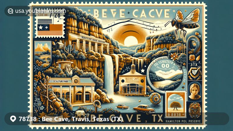 Modern illustration of Bee Cave, Texas area with ZIP code 78738, featuring key landmarks and cultural highlights, incorporating elements inspired by the local environment.