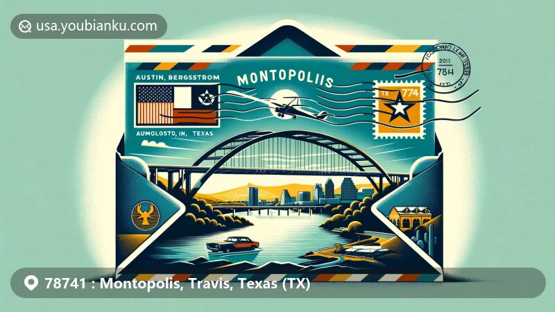 Modern illustration featuring an open airmail envelope with Montopolis Bridge silhouette, Lake Lady Bird, and Austin-Bergstrom International Airport in background, showcasing '78741 Montopolis, TX' and Texas state flag postage stamp.