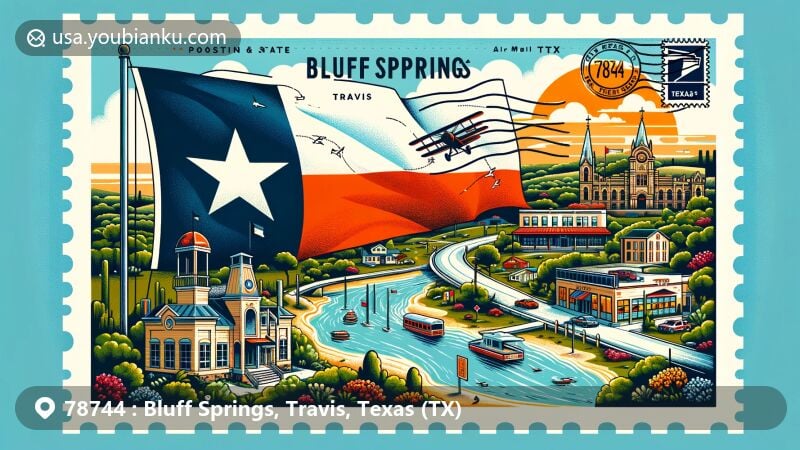 Modern illustration of Bluff Springs, Travis, Texas (TX), featuring the Texas state flag with lone star and postal elements, like a postcard or air mail envelope. Including local landmarks, flora, fauna, and ZIP code 78744.