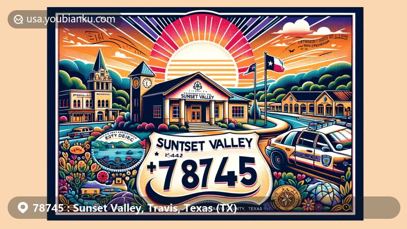 Modern illustration of Sunset Valley, Travis County, Texas, highlighting ZIP code 78745 and rich history, including police department founded in 1979, Native Plant Rebate Program, Community Organic Garden, and vibrant community spirit.