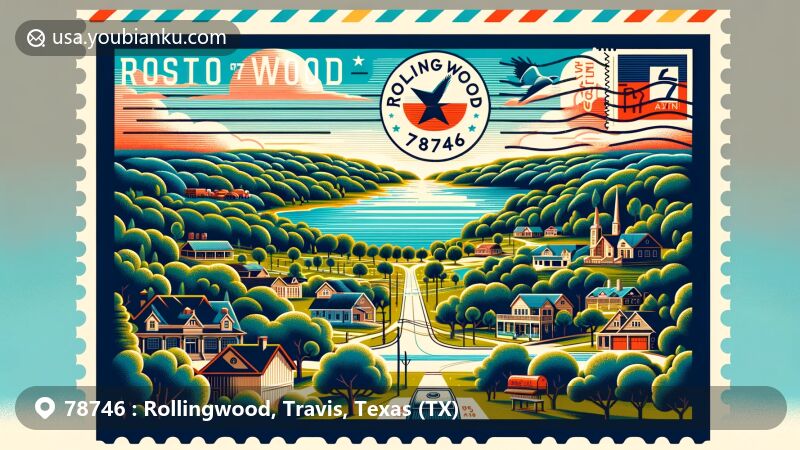 Modern illustration of Rollingwood, Texas, in Travis County, showcasing scenic beauty with wooded, hilly terrain, Hatley Park, and Lake Austin. Postal theme includes '78746' ZIP code, Texas symbol stamp, and classic postal mark.